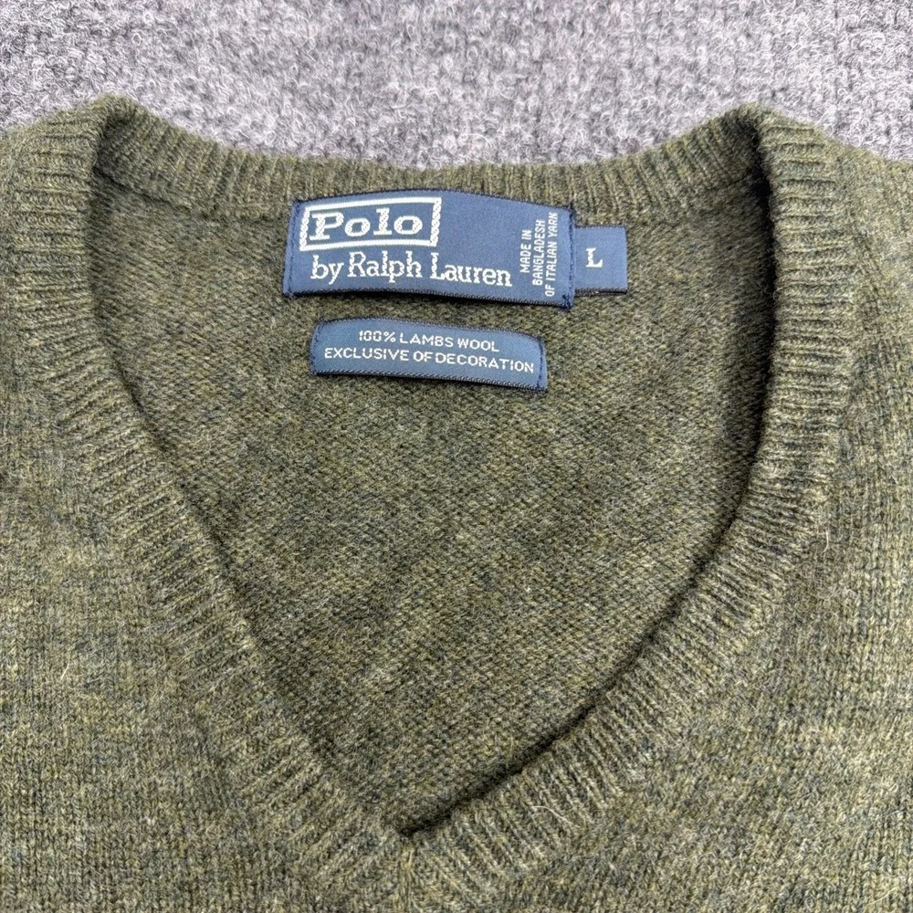 VTG Polo Ralph Lauren Olive Green Lambs Wool V-Neck‎ Sweater Size Large Pullover